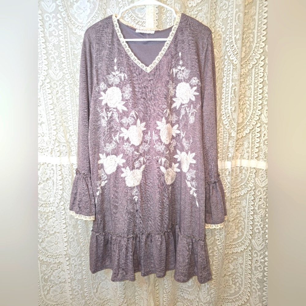 Long Sleeve Embroidered Dress, Giddy Up Glamour Dress, Ruffled And Embroidered